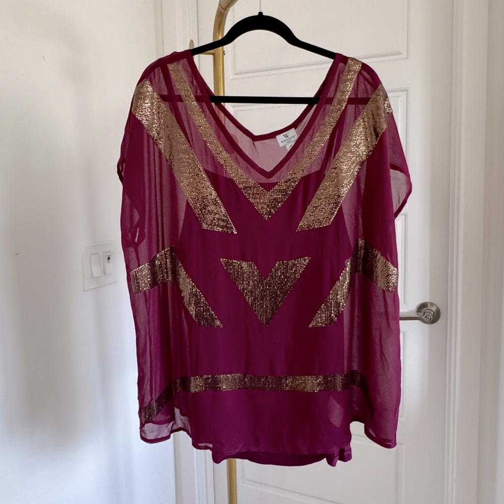 Women's Plus Size Burgundy Sheer Sequin Overlay Top‎ 2X Festive Glam Flowy Boho